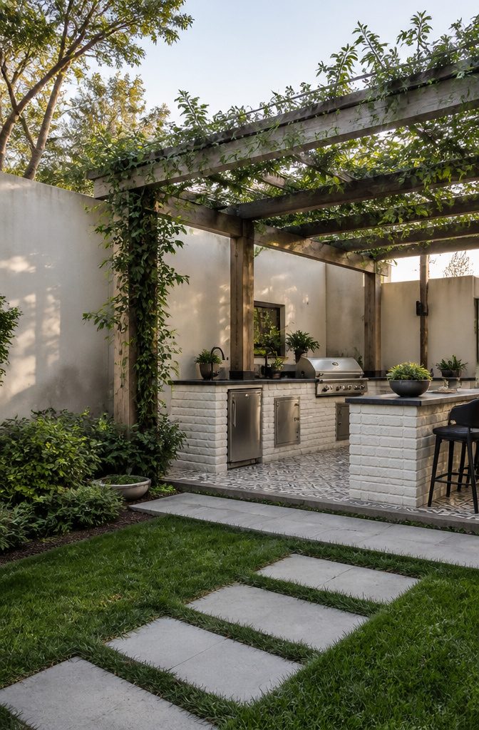 A garden outdoor kitchen featuring brick and encaustic concrete tile.
