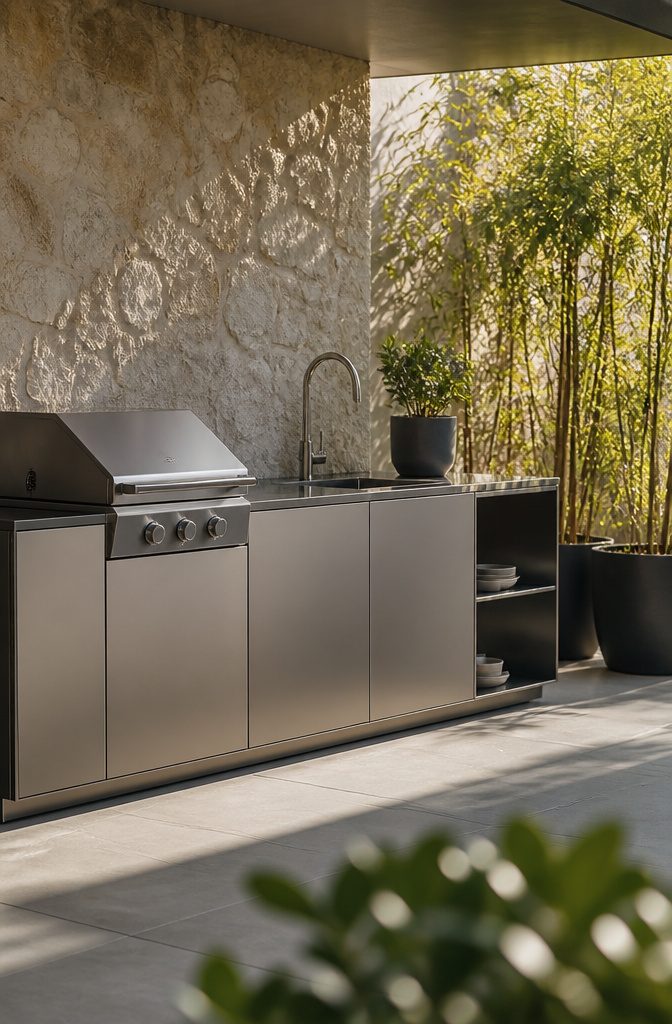 A minimalist outdoor kitchen with soft-close drawers and stainless steel.