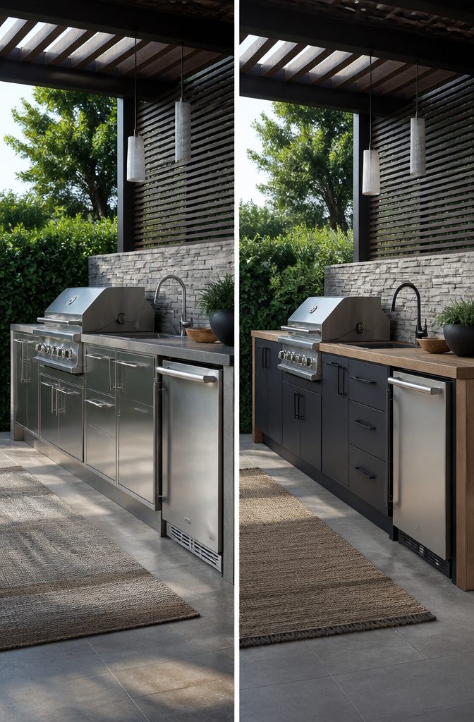 An outdoor kitchen with mixed materials including stainless steel and wood.