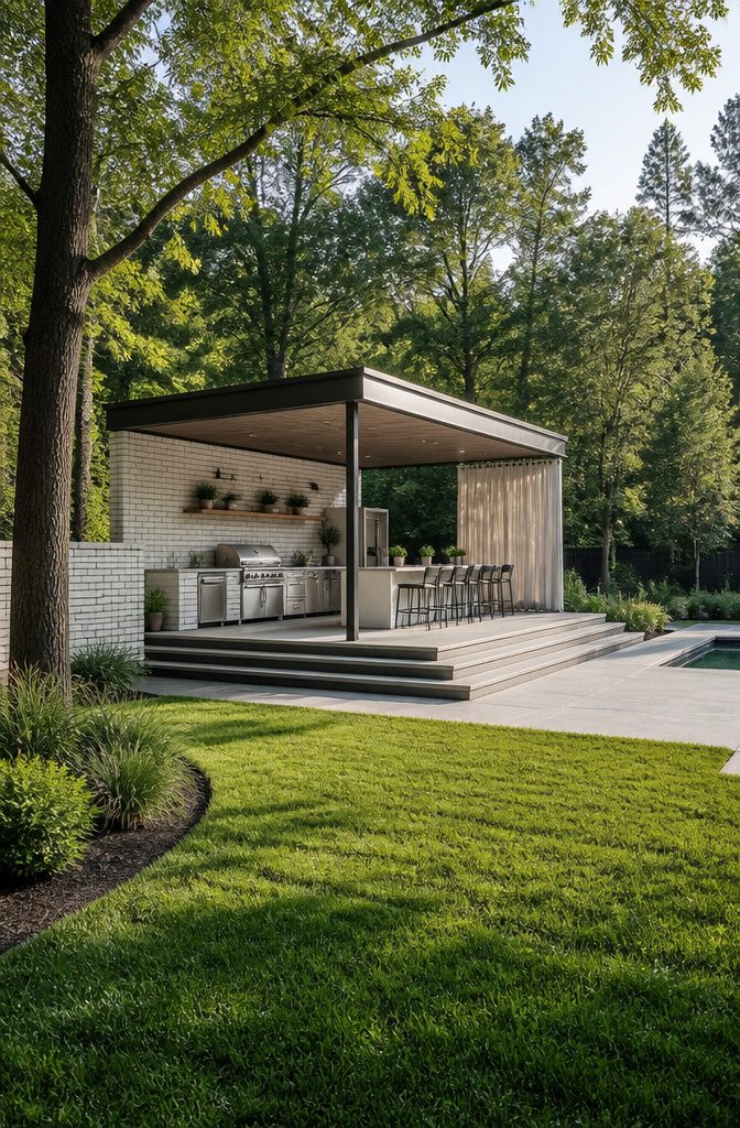 An open-air outdoor kitchen with stainless appliances and no overhead cover.
