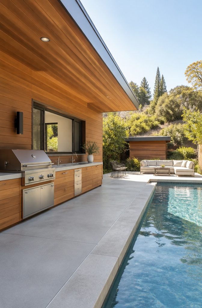 A poolside outdoor grill station with red cedar cladding and a small window.