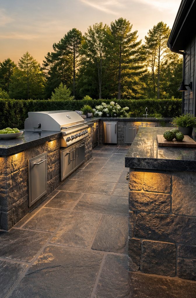 A stone outdoor kitchen with dark granite countertops and bluestone base.