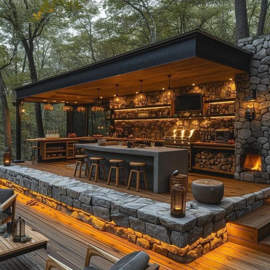 A large outdoor kitchen with stone walls and a long island situated on a wooden deck.