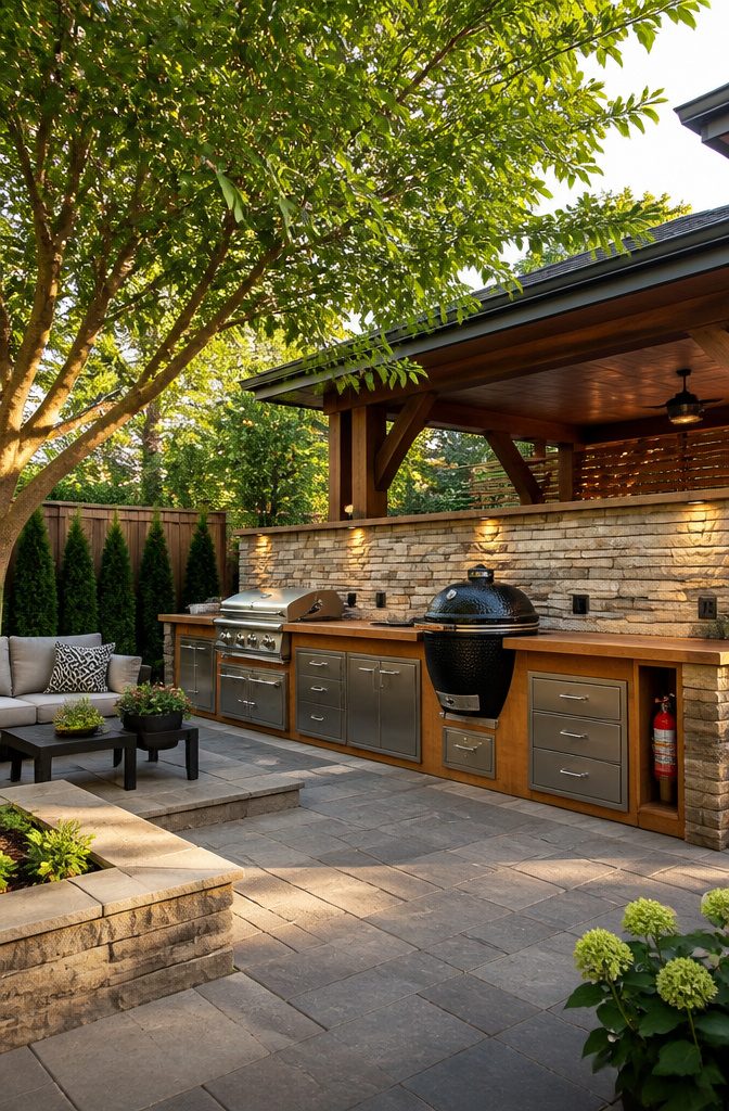 An outdoor BBQ station with a grill and prep area.