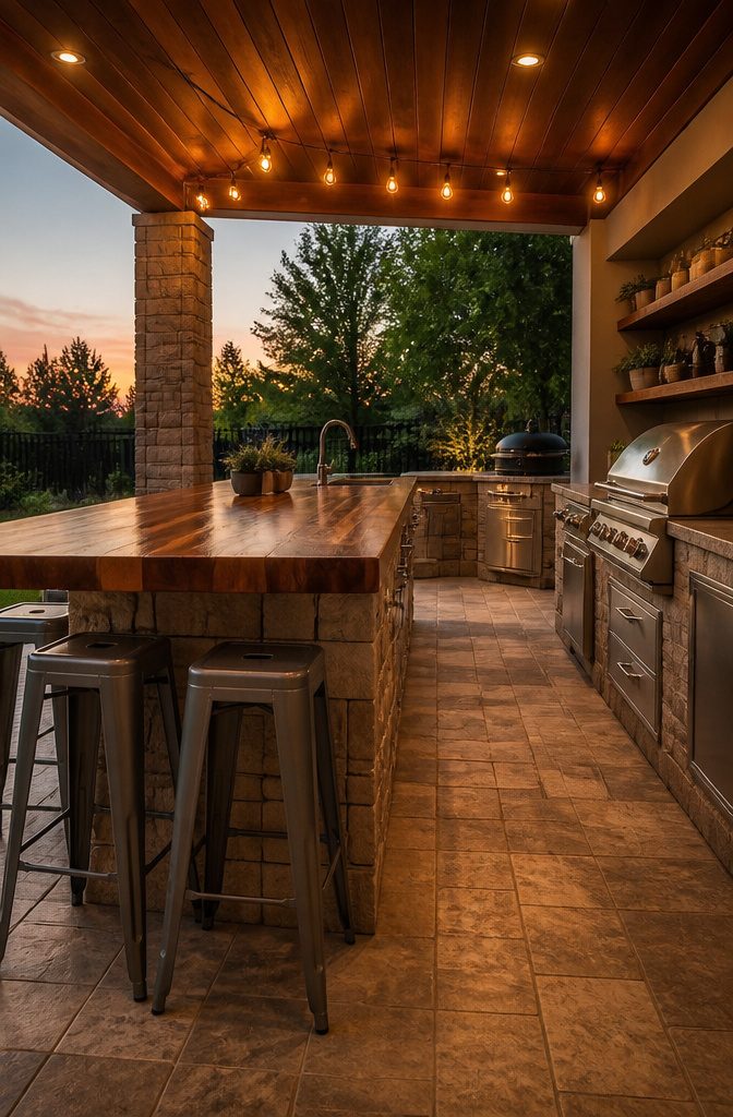 An outdoor kitchen with bar seating and a polished countertop.