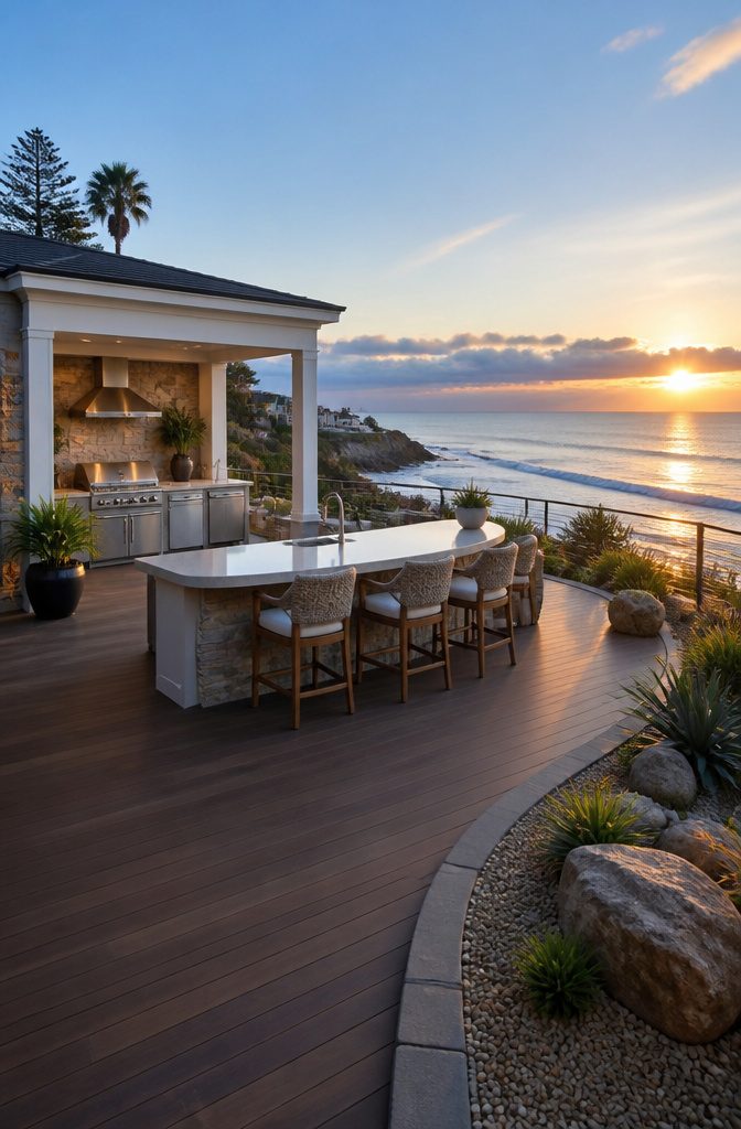 An outdoor kitchen designed for coastal conditions with stainless steel.