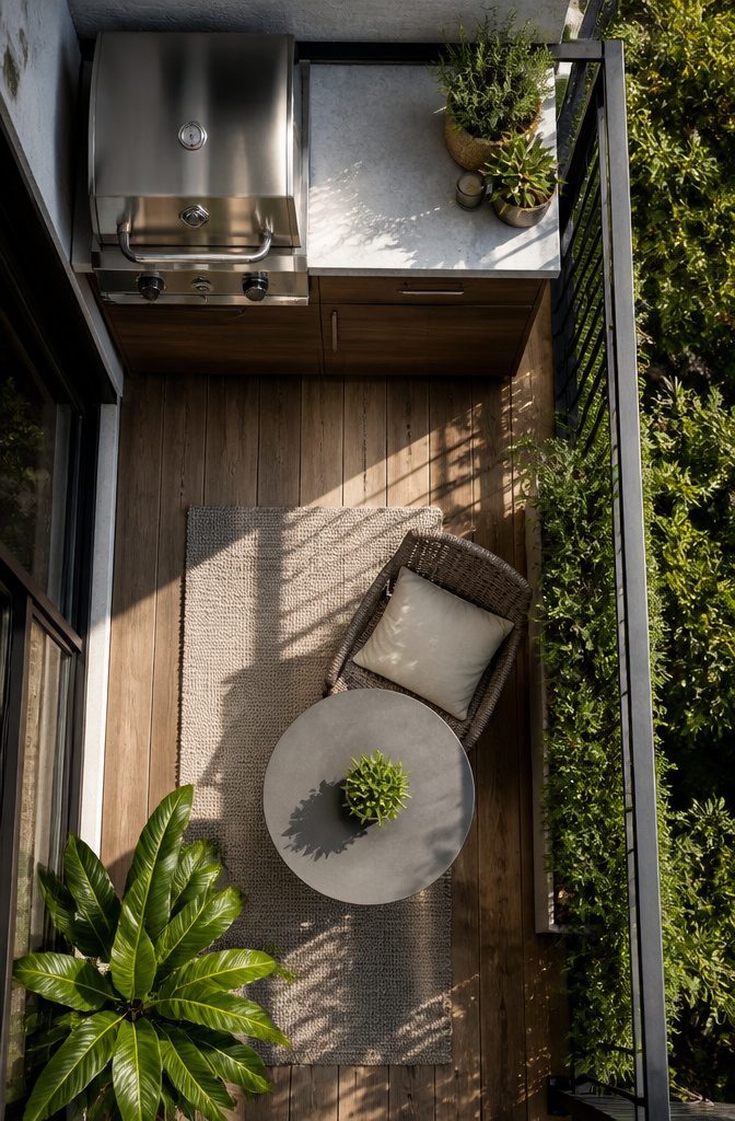 An apartment balcony kitchen with a grill and fold-down surfaces.