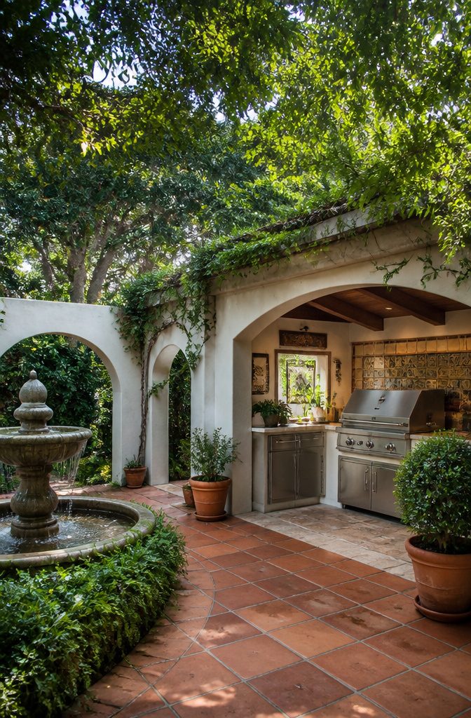 An outdoor kitchen enclosed by walls with arched openings.