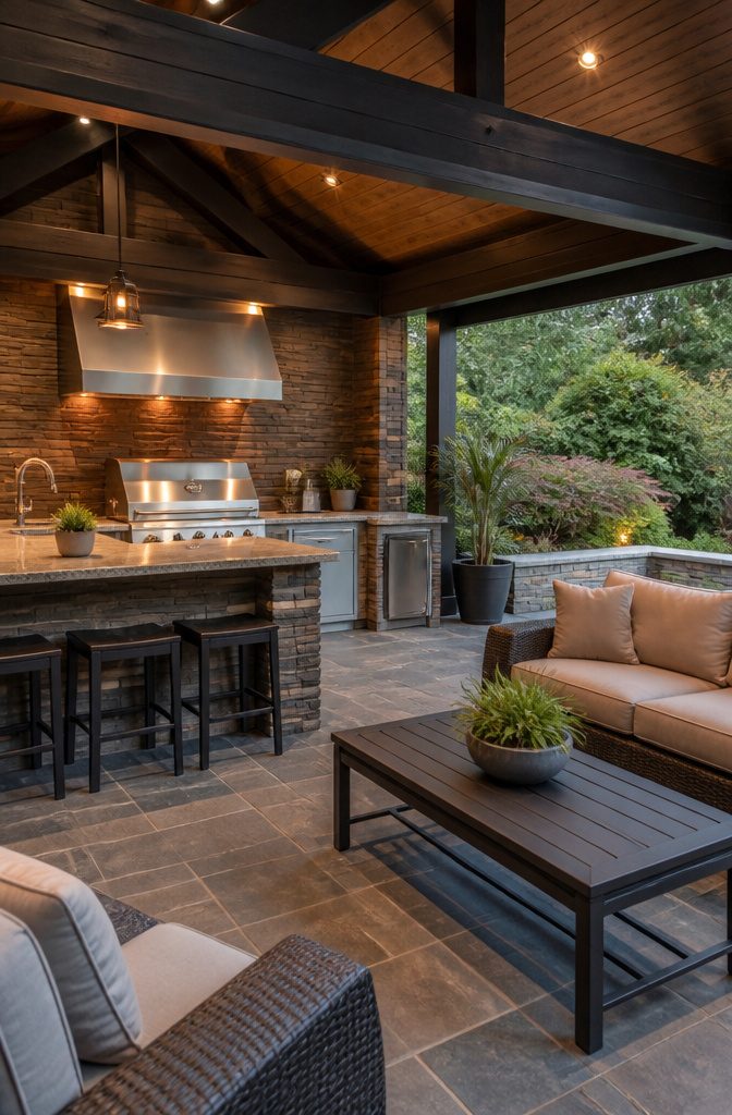 An outdoor kitchen with a covered area and comfortable seating.