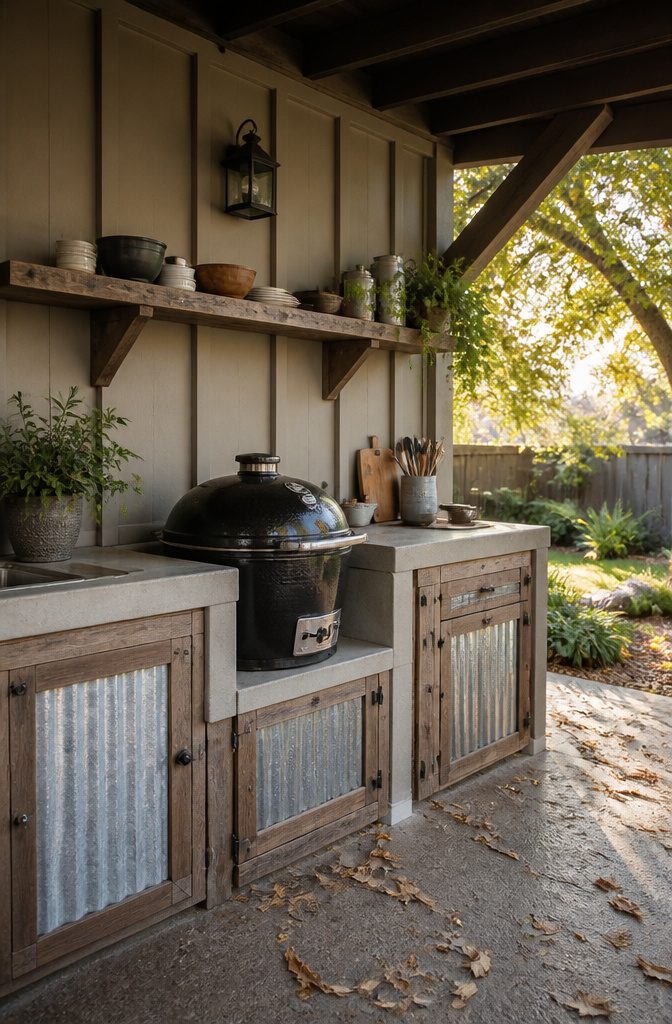 An outdoor grill station with rustic design elements and shelving.