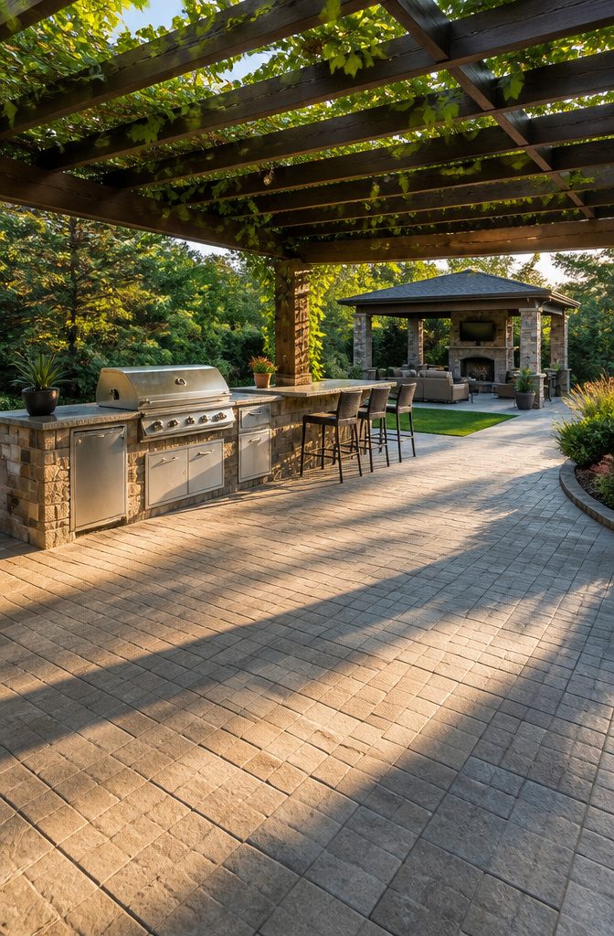 An outdoor kitchen featuring a built-in grill and seating arrangement.