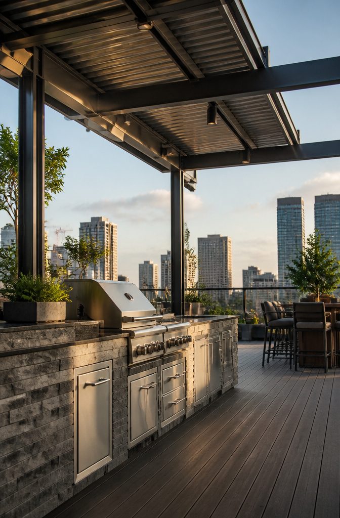 A rooftop kitchen with stone countertops and a grill.
