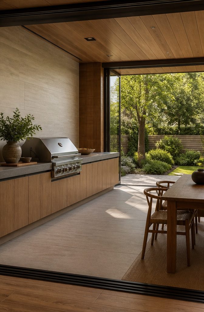 An outdoor kitchen with natural wood and stone elements.