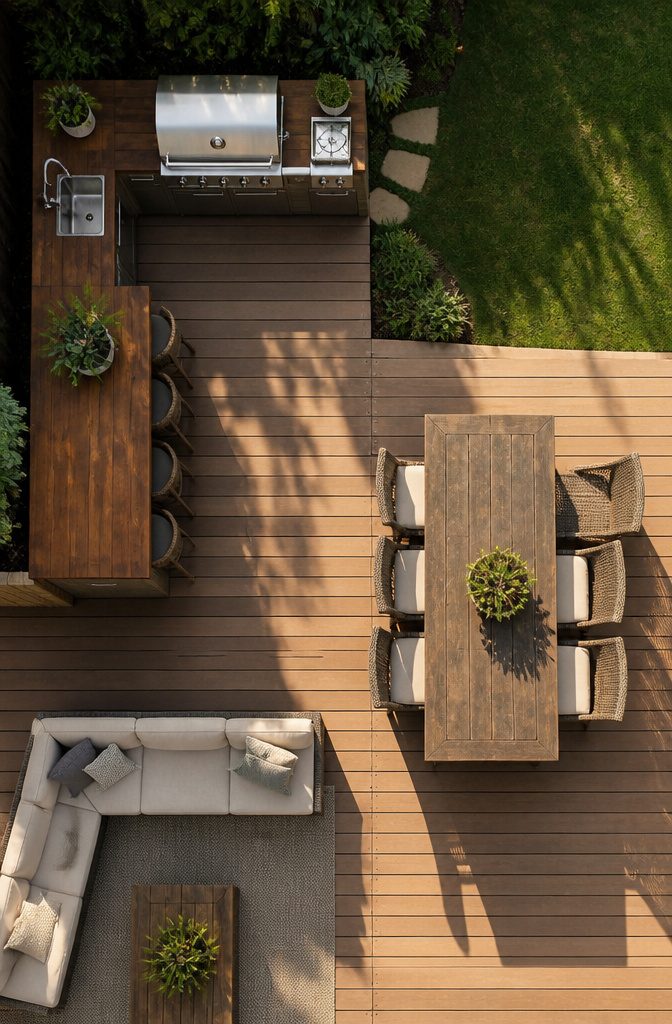 An L-shaped kitchen layout with designated cooking and prep zones.