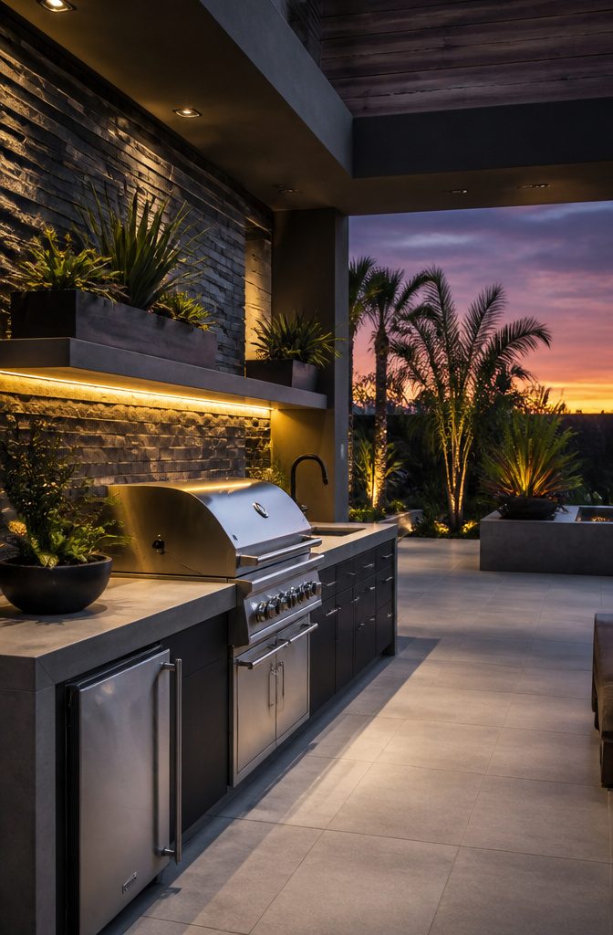 A luxurious outdoor kitchen showcasing modern design and elegant materials.