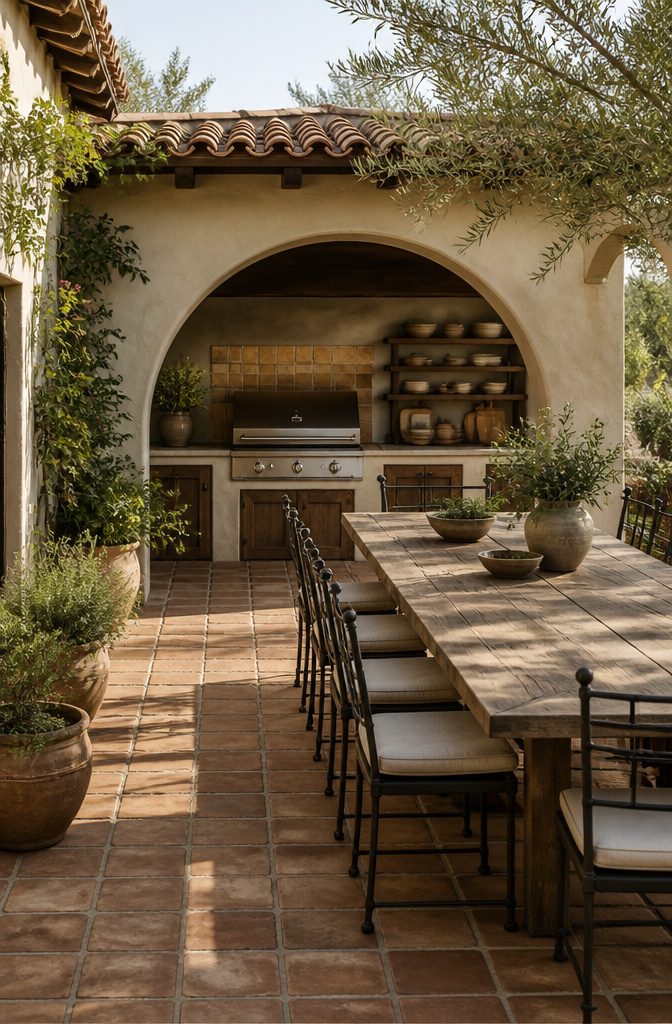 An outdoor kitchen with warm stucco and an arched grill area.