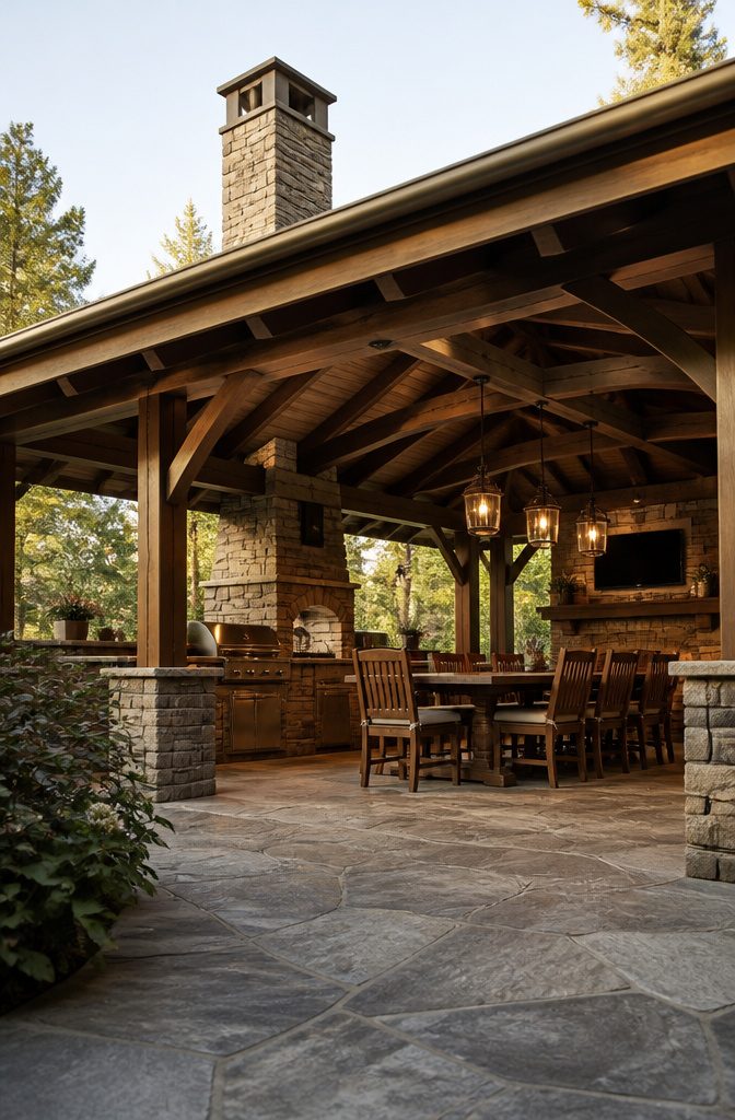 An outdoor kitchen with a sturdy pavilion roof for shelter.