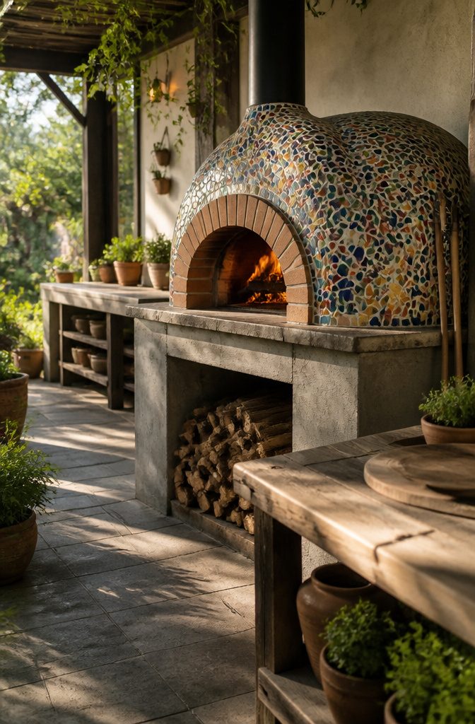 An outdoor kitchen featuring a prominent pizza oven.