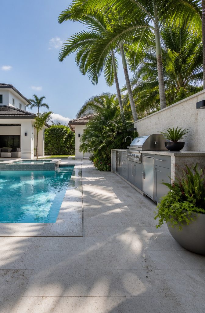 An outdoor kitchen adjacent to a swimming pool.