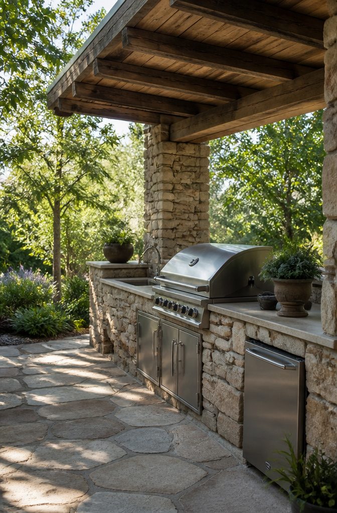 An outdoor kitchen featuring dry-stacked limestone and wood beams.