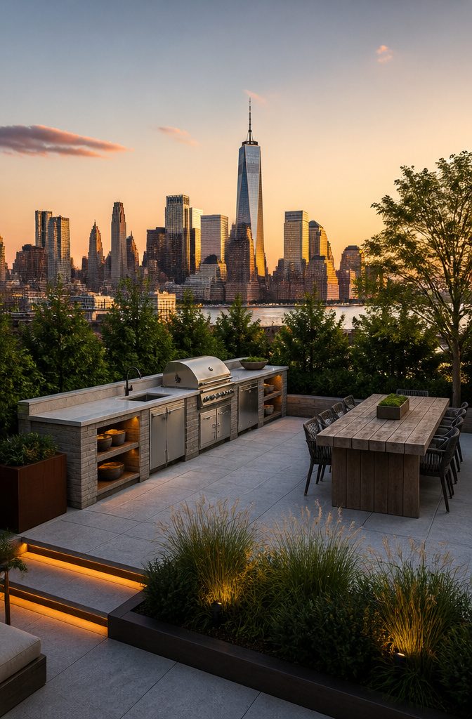 An outdoor kitchen positioned on a sloped patio.