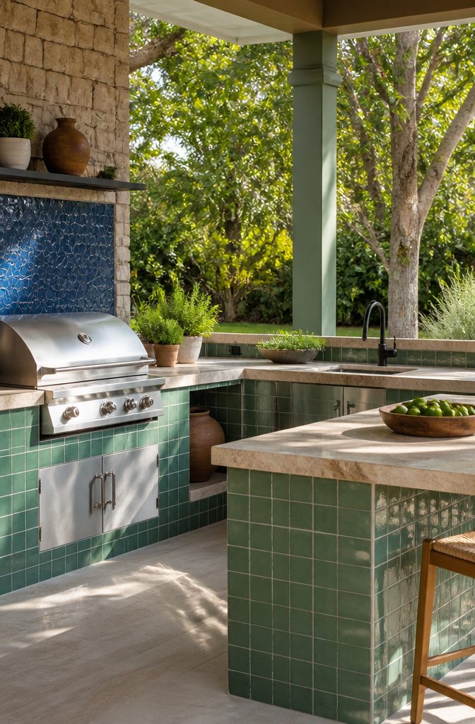 An outdoor kitchen featuring green tiles and potted herbs.
