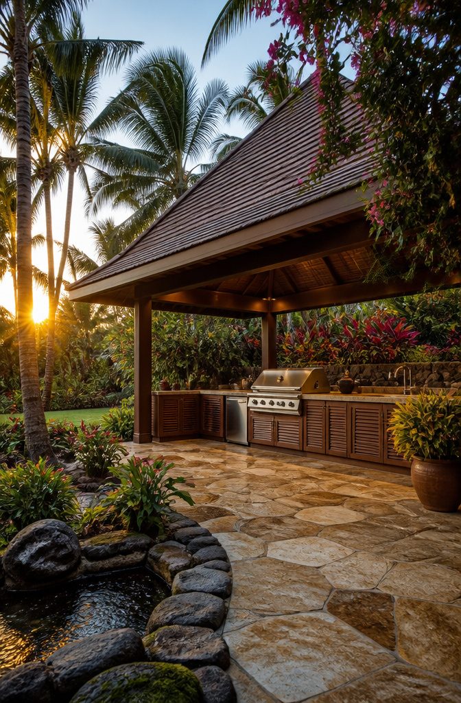 An outdoor kitchen designed for tropical climates with open ventilation.