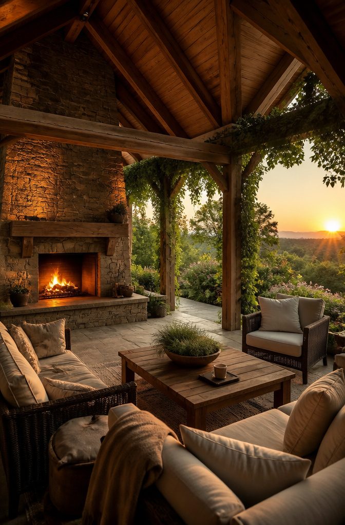 Lounge pavilion with comfortable seating and a stone fireplace for relaxation.