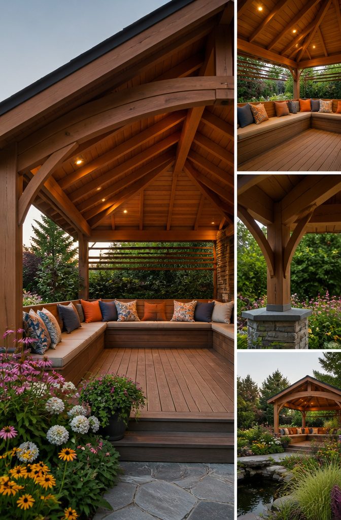 Features of a pavilion highlighting built-in benches and recessed lighting.