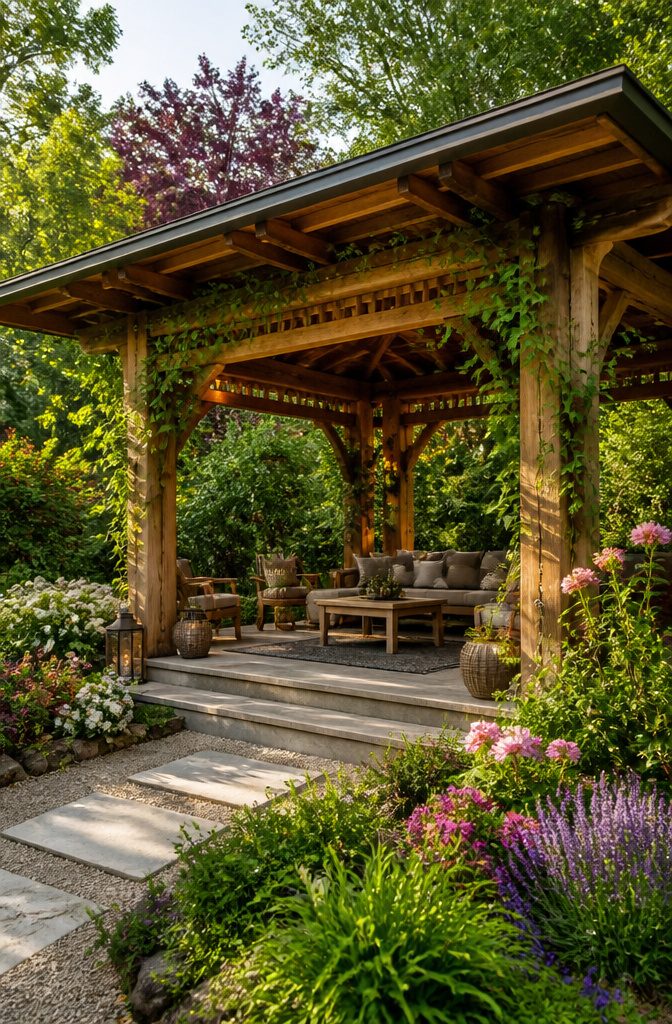 Garden pavilion surrounded by vibrant flowers and natural greenery.