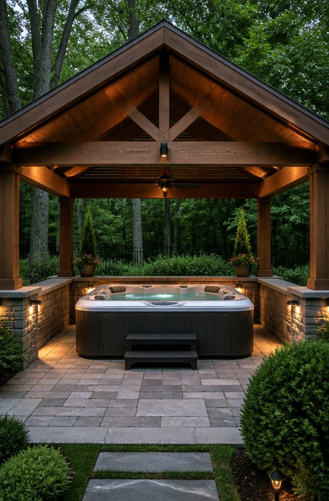 Hot tub pavilion showcasing a stone base and elegant lighting for relaxation.