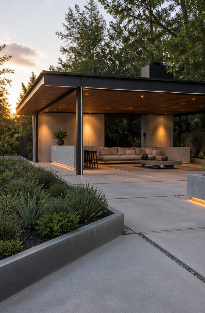 Striking modern pavilion with flat roofing and contemporary landscaping.