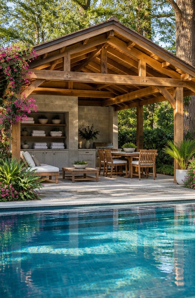 Pool pavilion featuring lounge chairs and a dining table near a swimming pool.