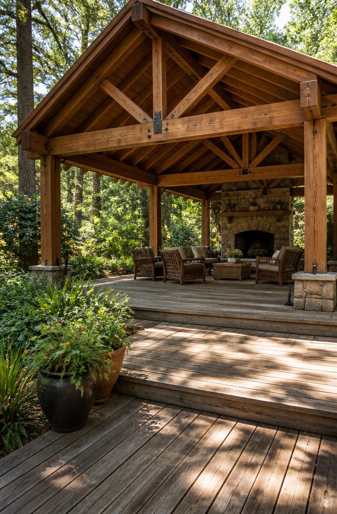 Rustic wooden pavilion showcasing exposed joinery and a weathered wooden deck.