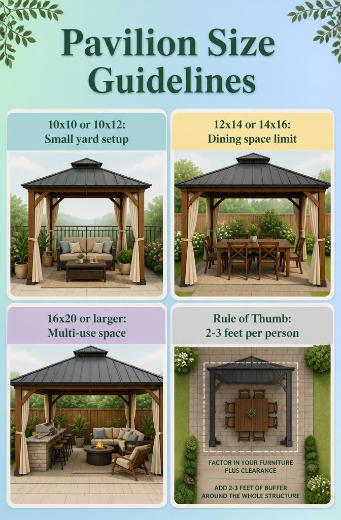 Infographic detailing pavilion size recommendations for outdoor areas.