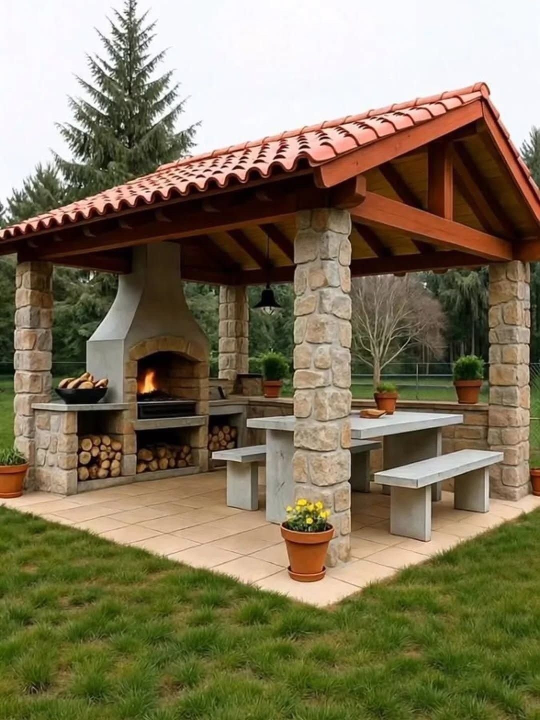 A rustic stone outdoor kitchen pavilion featuring a built-in wood-fired pizza oven and a concrete dining set.