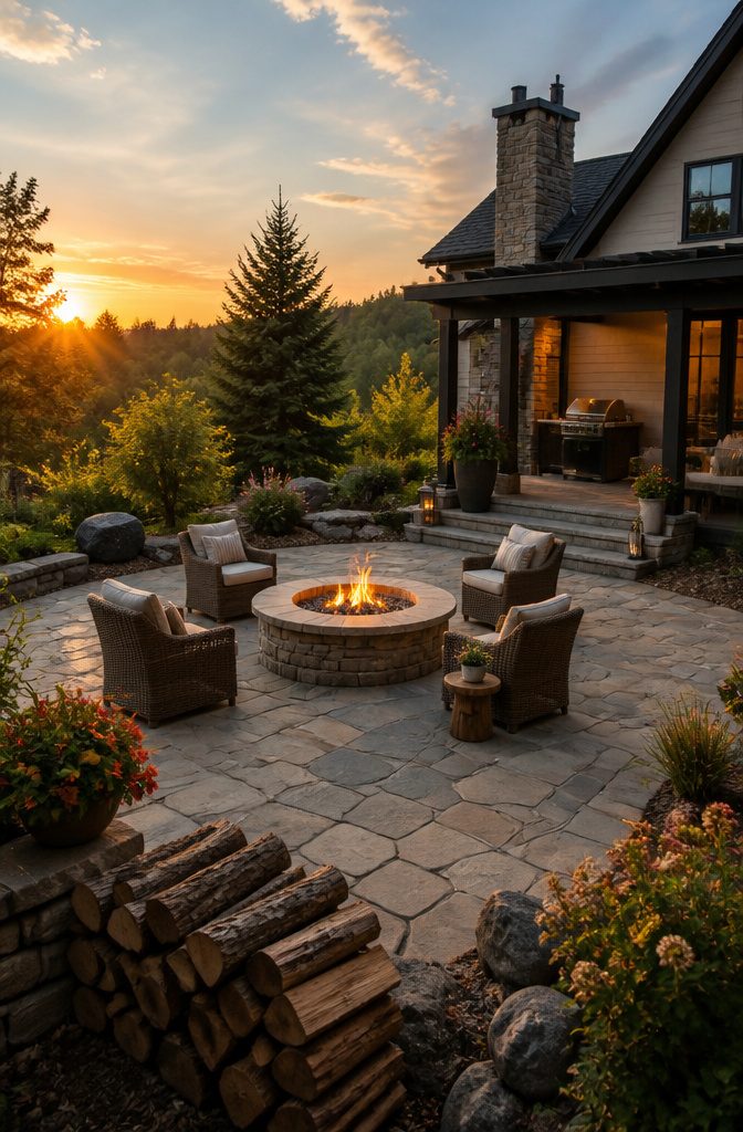 A fire pit surrounded by chairs on a patio.