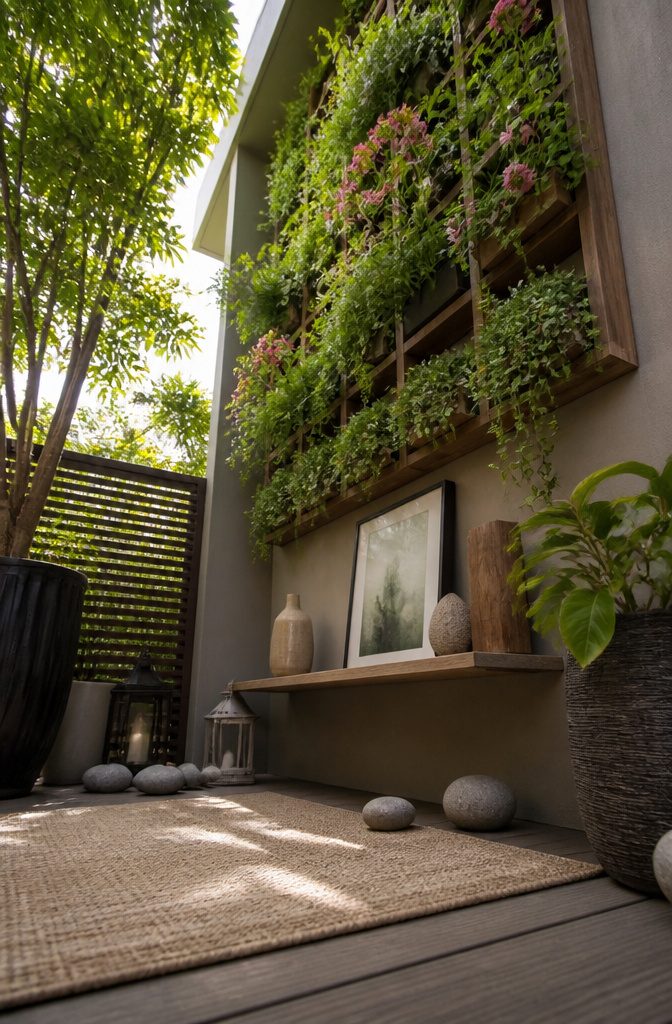 A wall-mounted planter and trellis on a small patio.