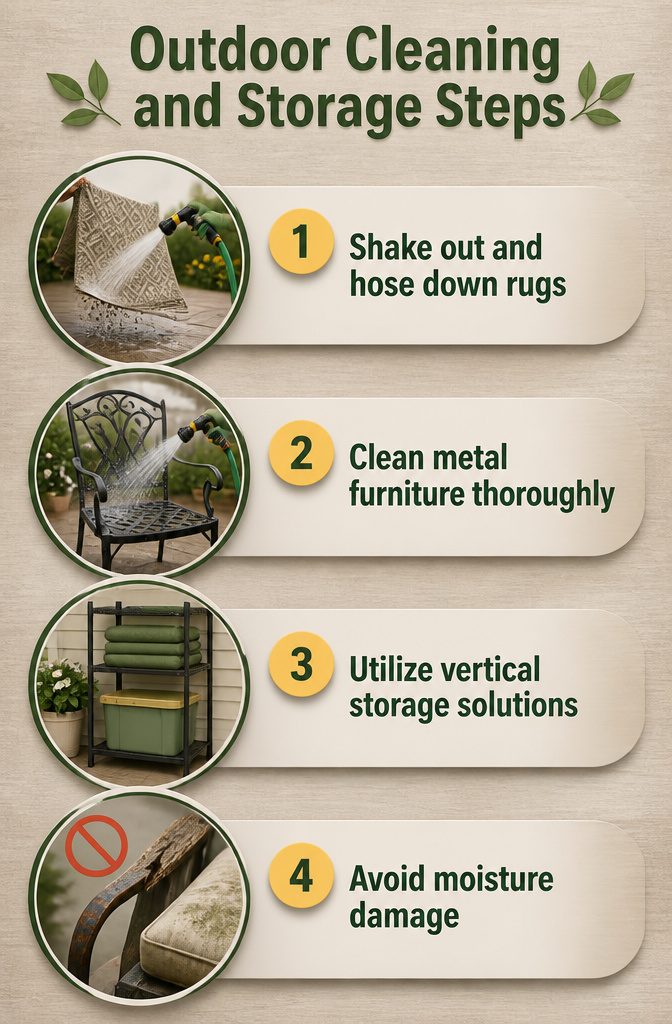 Steps for cleaning and storing outdoor furniture and decor.