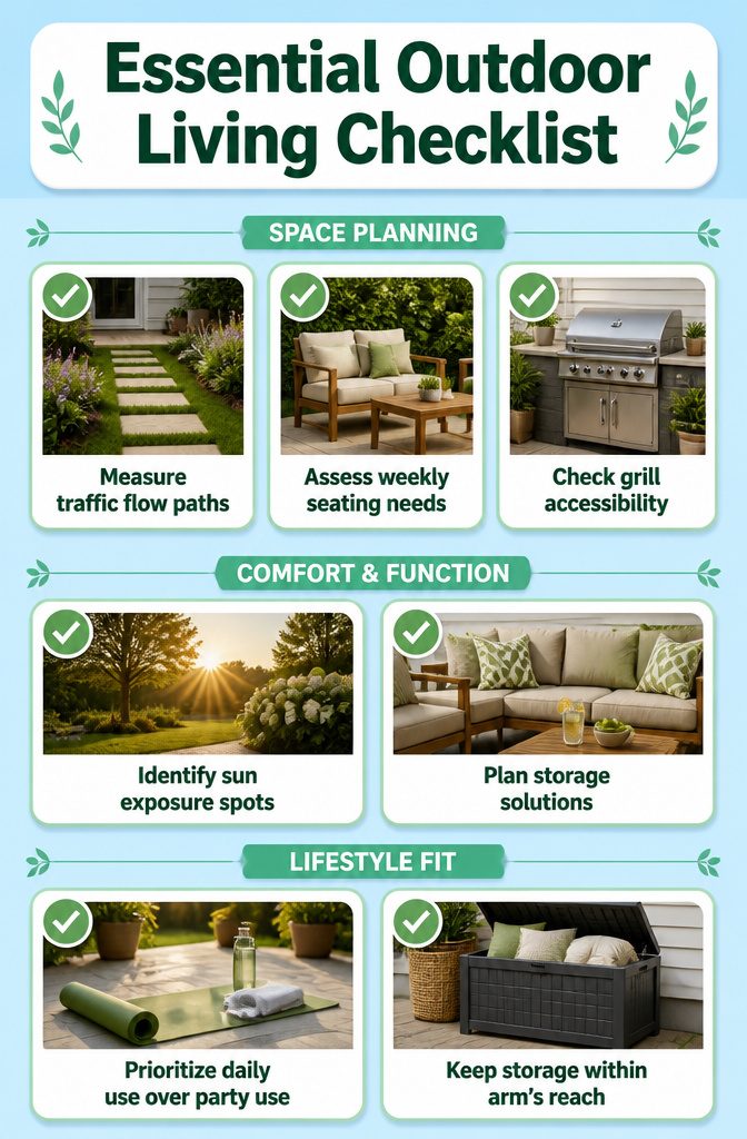 An outdoor living checklist for organizing a patio.