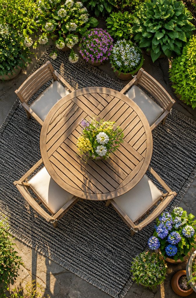A bistro table set against a balcony rail for two.