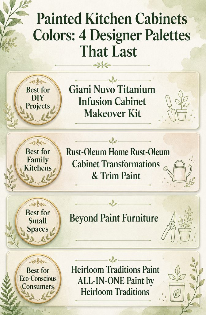 Infographic comparing four designer palettes for painted kitchen cabinets