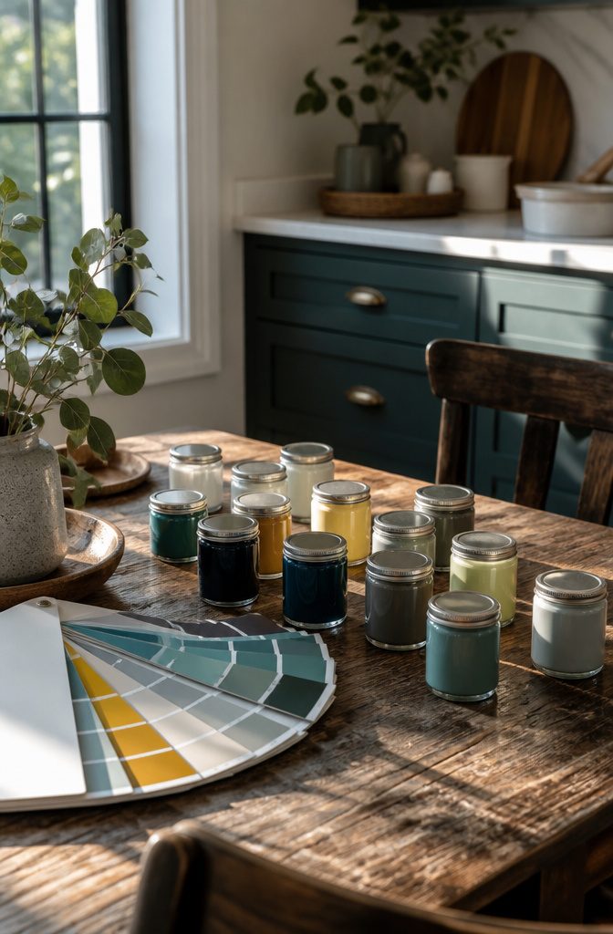 Close-up of painted kitchen cabinet showing texture and color