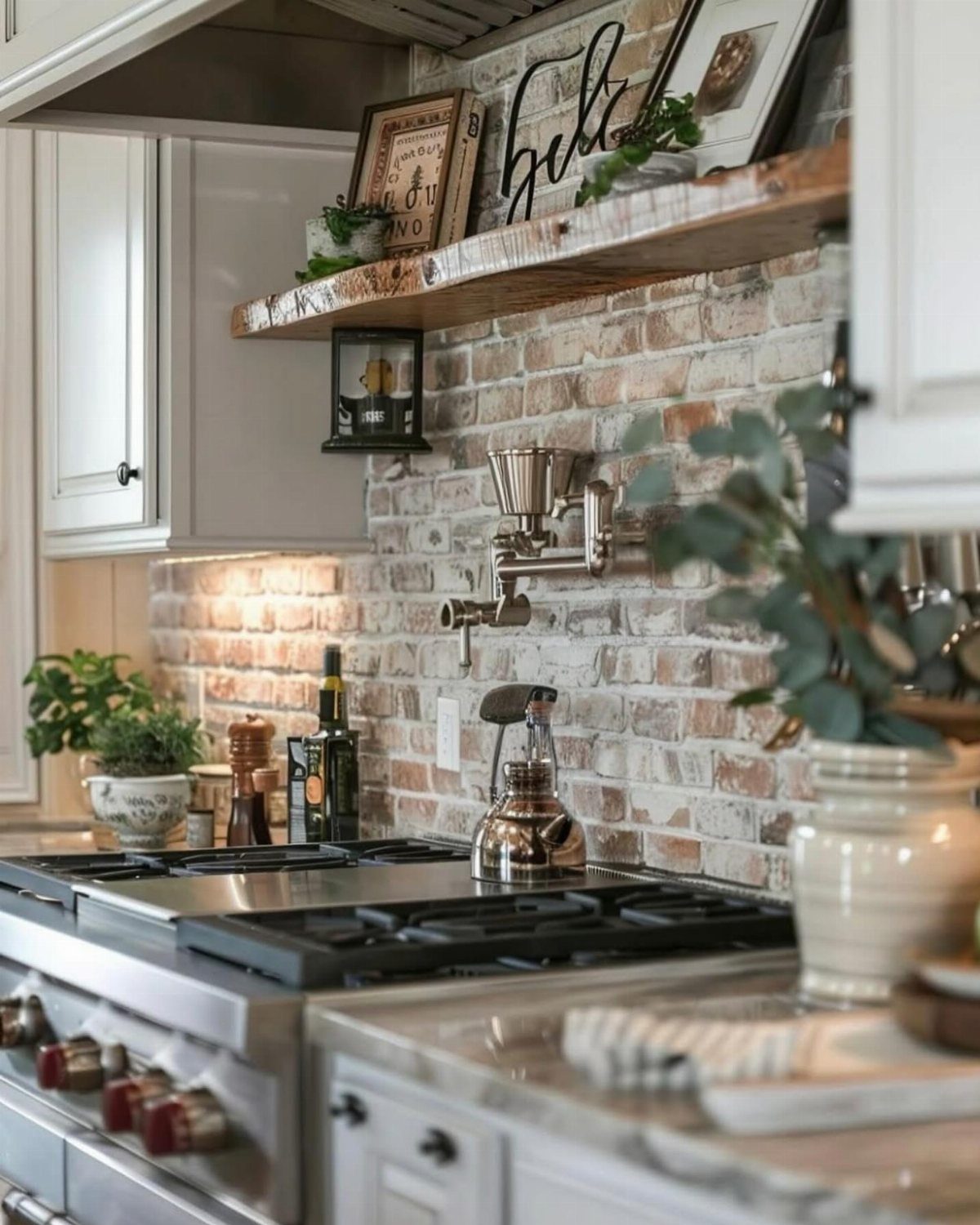 A rustic kitchen featuring a light-colored brick backsplash behind a stainless steel stove and wooden shelf.