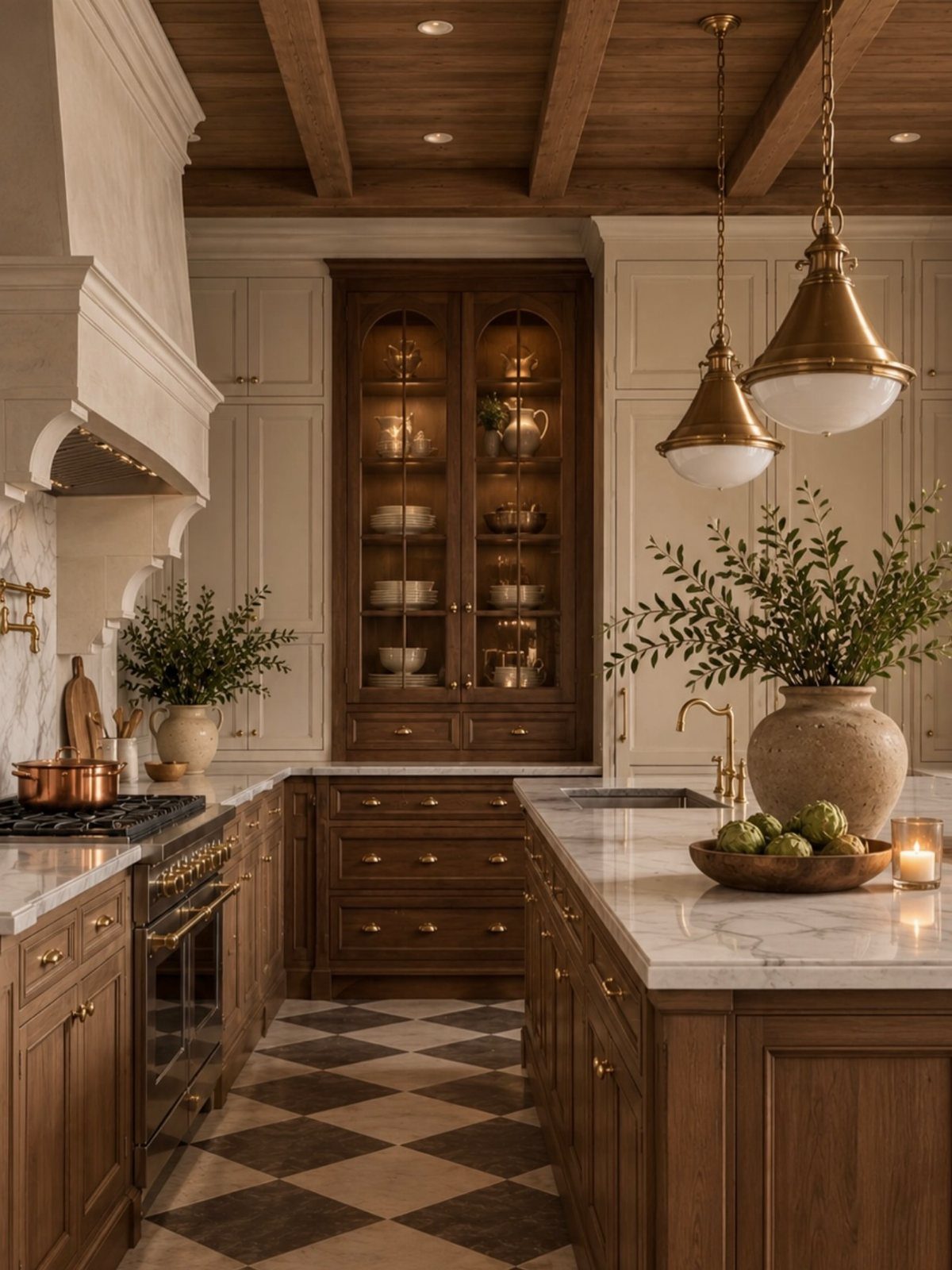 Dark wood lower cabinets and island contrast with cream upper cabinets in a luxury kitchen.