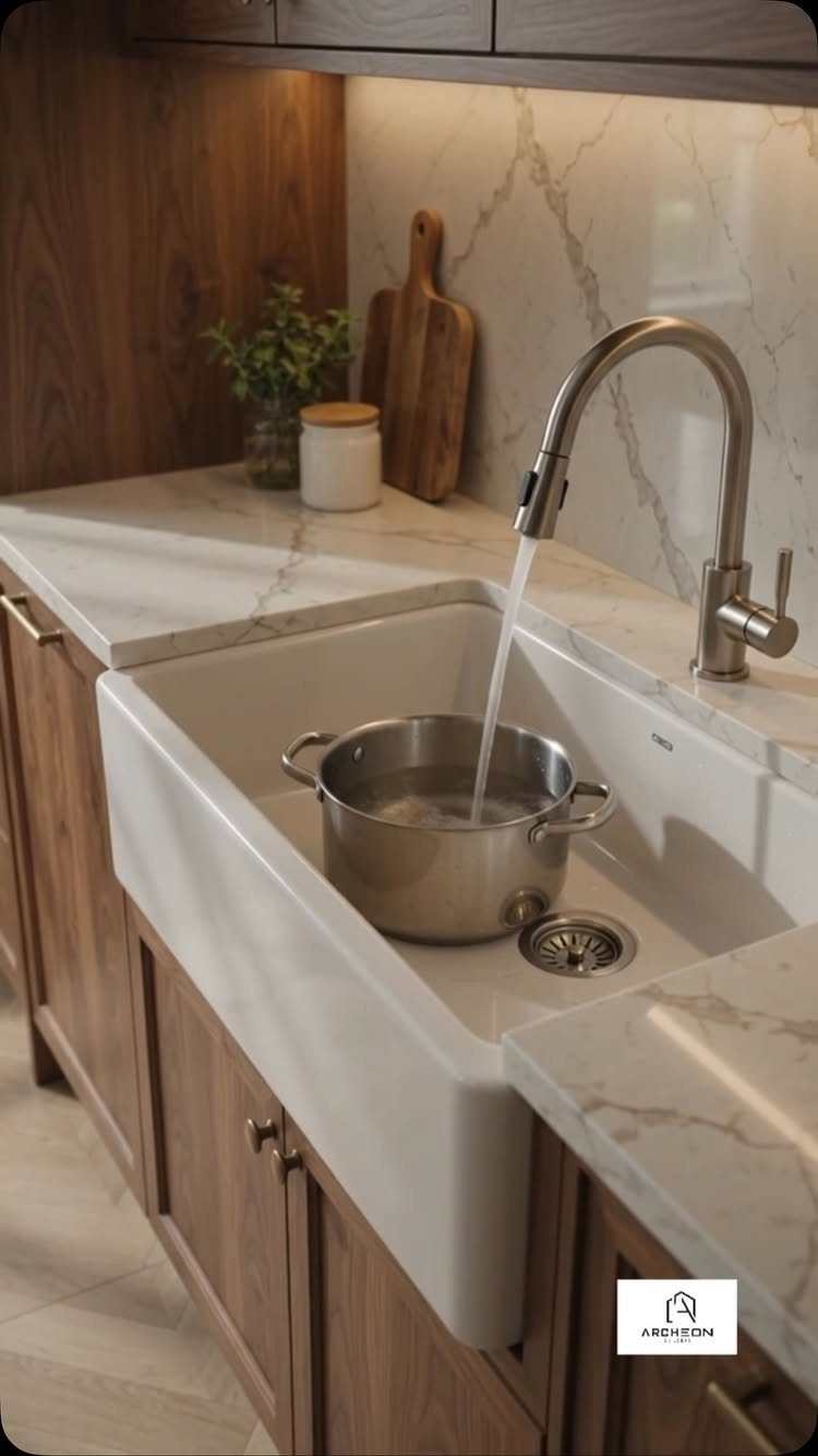 A white apron-front farmhouse sink being filled with water from a silver faucet.