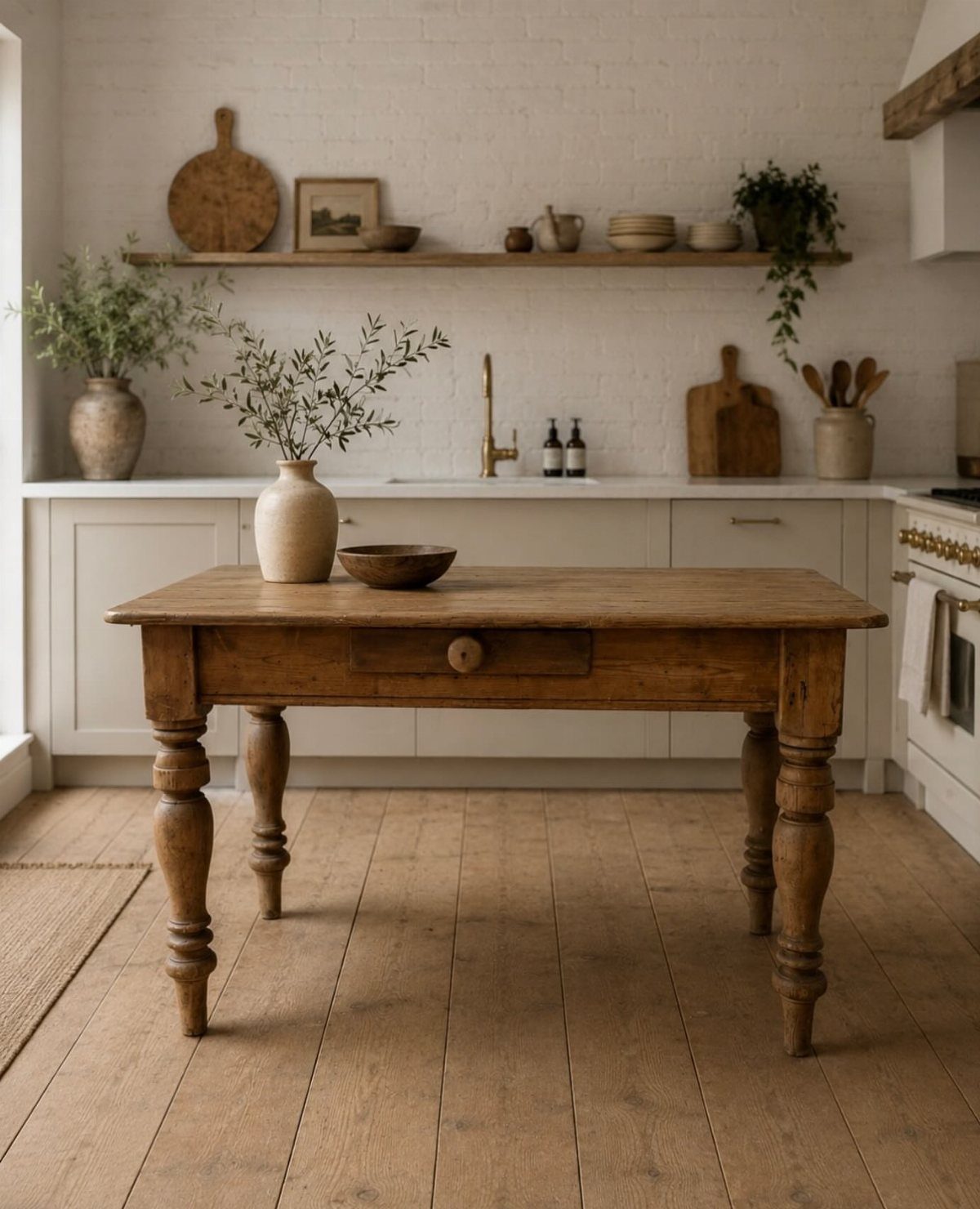 A rustic wooden freestanding table positioned in the center of a bright farmhouse kitchen.