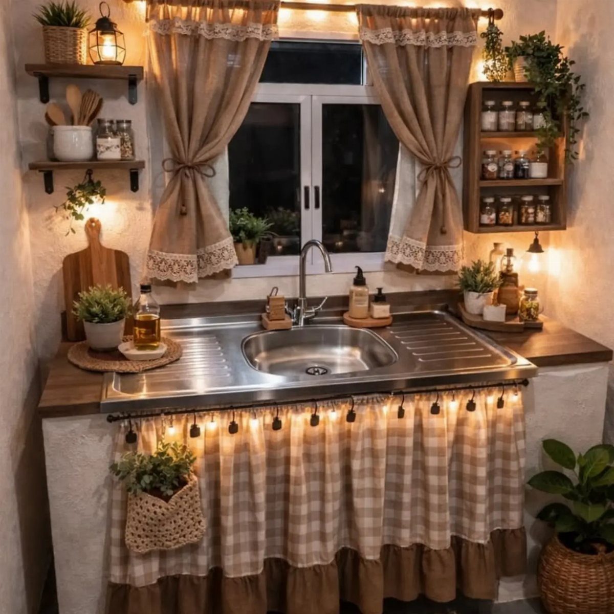 A rustic kitchen sink area with wooden counters, checkered fabric skirts, and warm string lights.