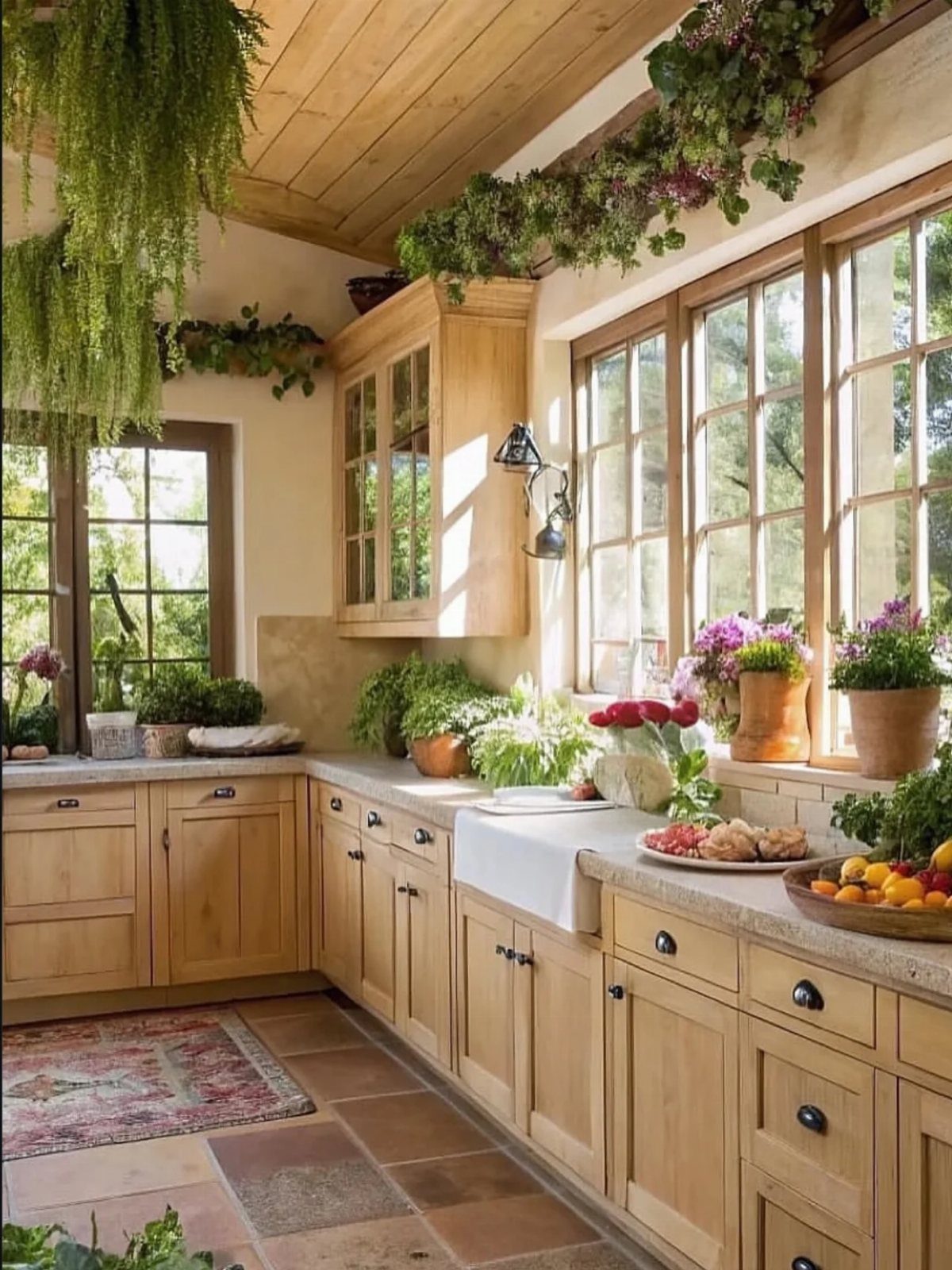 Potted herbs and green plants arranged on a rustic wooden kitchen countertop near large windows.