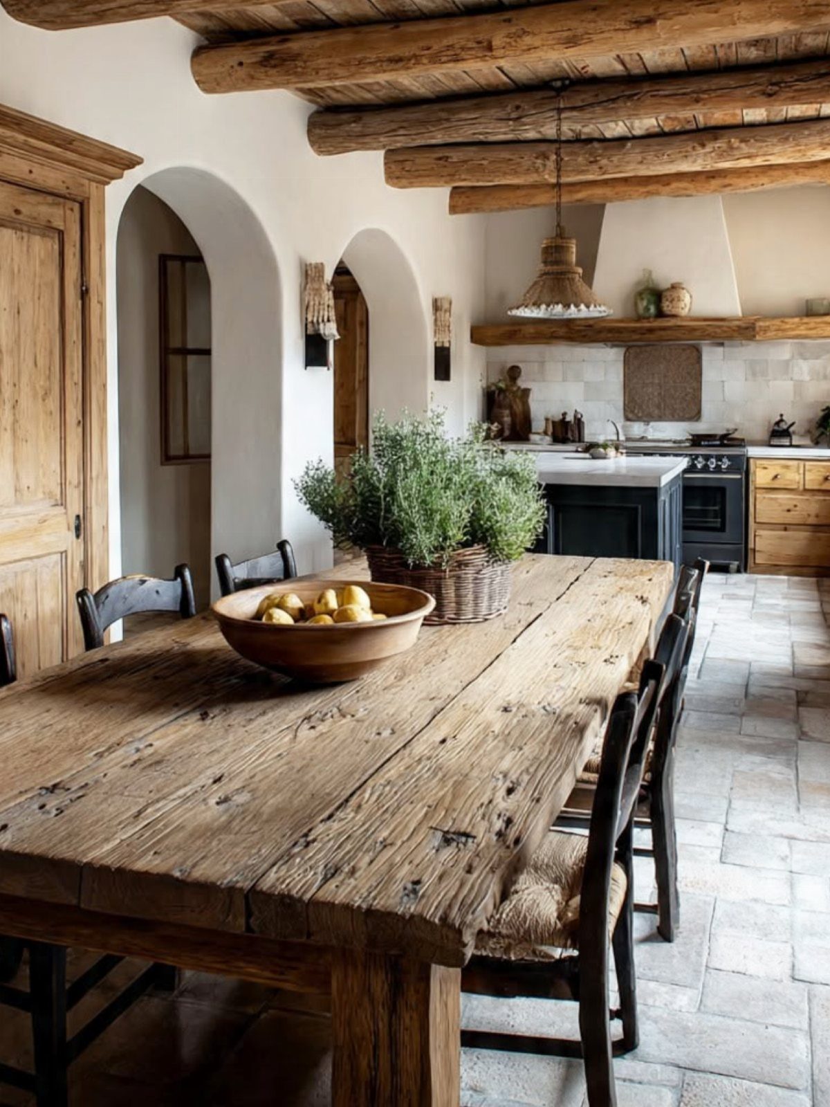 Reclaimed wood dining table and heavy timber ceiling beams in a rustic farmhouse kitchen.